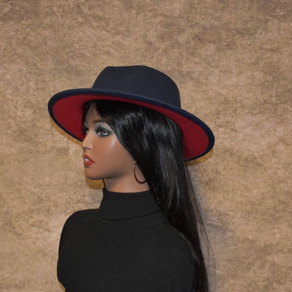 Navy Blue with Red base Unisex Fedora Hat - Picture 2 of 4